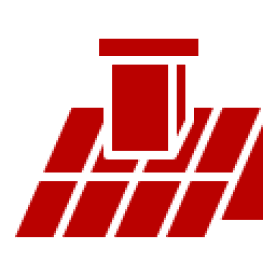 Red roof icon with chimney on black.