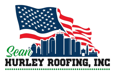 Skyline with American flag and company name.